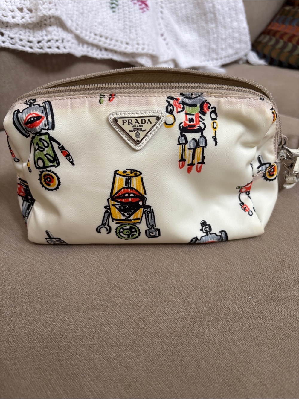 Prada Cream Nylon Robot-Print Pouch Wristlet with Silver Tone Logo